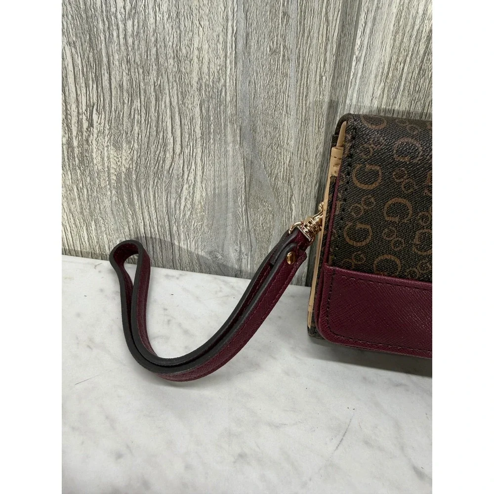 Guess Womens Monogram Logo Wristlet Wallet Brown Burgundy Gold Hardware